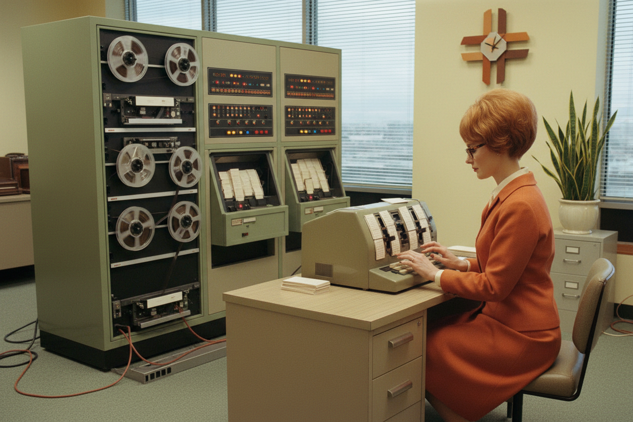 1960's style computer with a vintage secretary style lady typing 